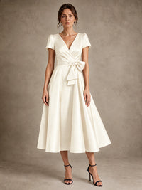Ivory V-Neck Tea-Length Satin Mother of the Bride Dress with Bow Jovellee