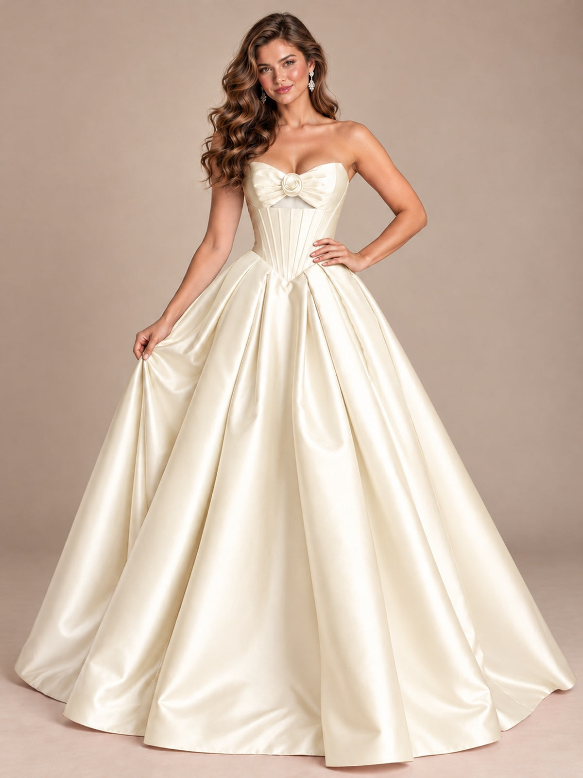 Pink Strapless Corset Satin Prom Derss & Ball Gown with 3D Floral
