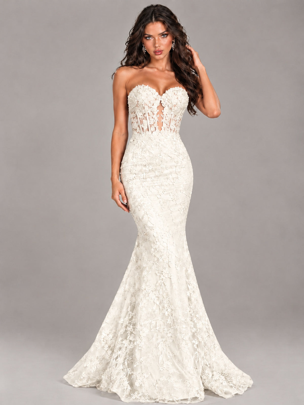 Strapless Corset Mermaid Prom Dress Lace Appliqué Formal Gown