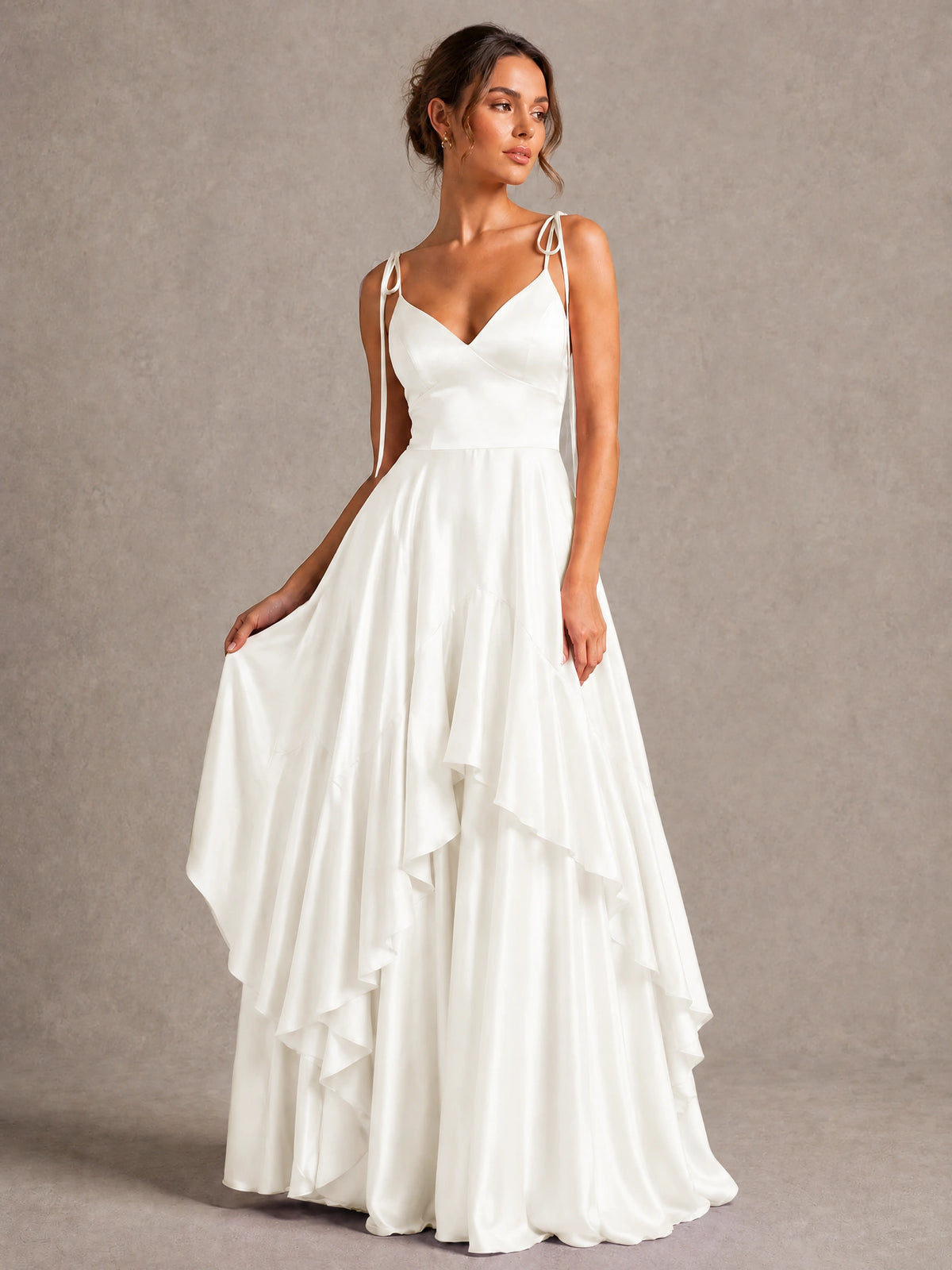Lavender Satin V-Neck Ruffle Maxi Dress