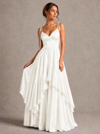 Lavender Satin V-Neck Ruffle Maxi Dress