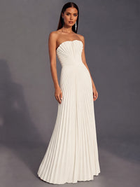 Strapless A-line Long Pleated Satin Prom Dress