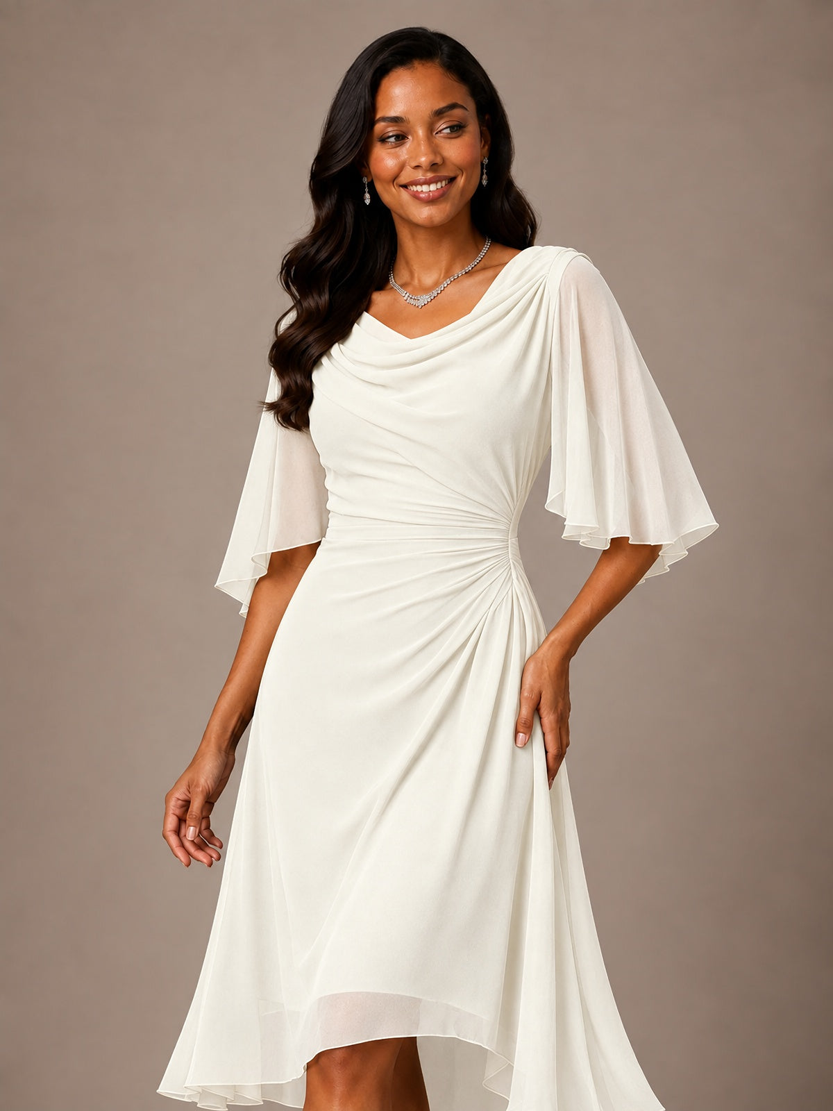 Cowl Neck Ruched Chiffon Mother of the Bride Dresses with Flutter Sleeves
