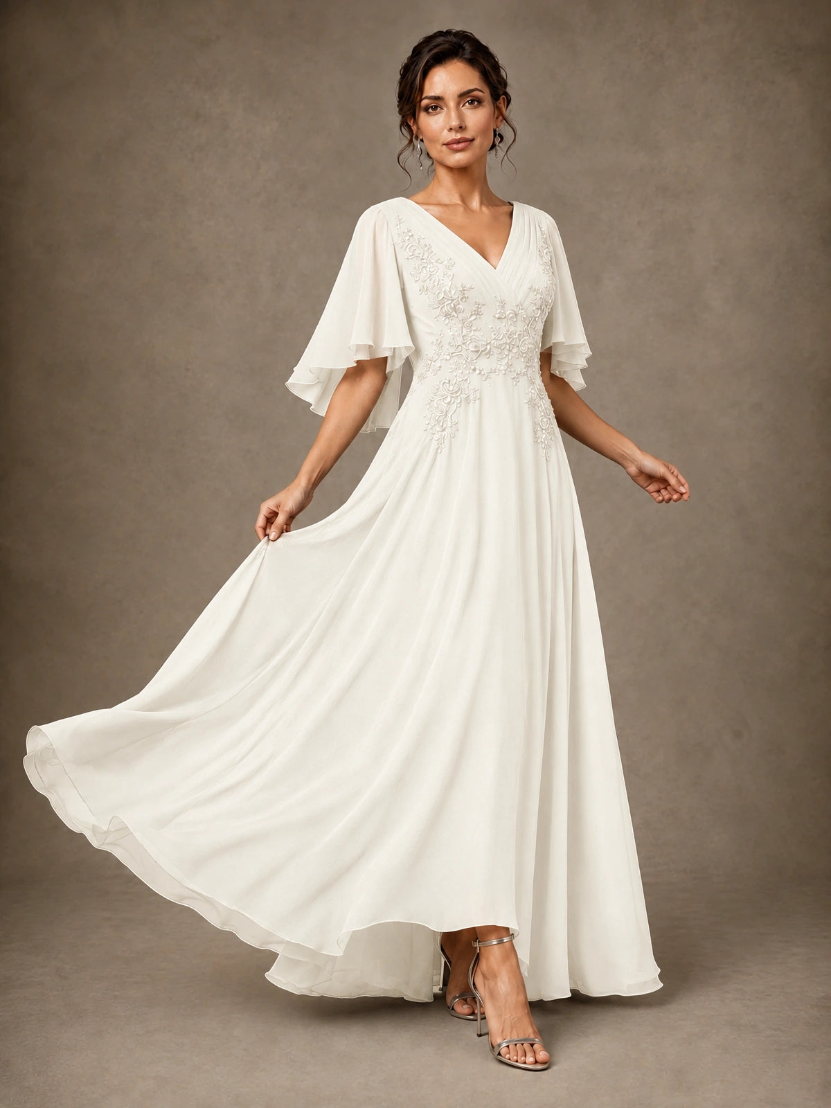 V-Neck Chiffon Lace Mother of the Bride Dress with Flutter Sleeves