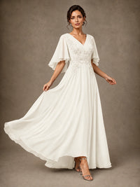 V-Neck Chiffon Lace Mother of the Bride Dress with Flutter Sleeves