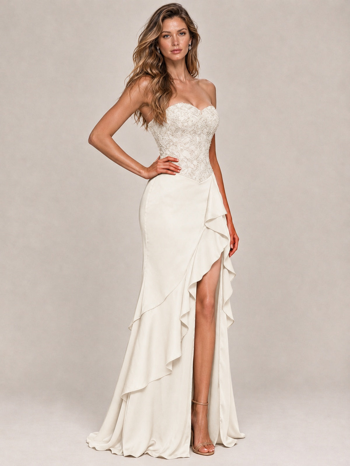 Strapless Lace Appliques Corset Satin Prom Dress Ruffle Slit Evening Gown