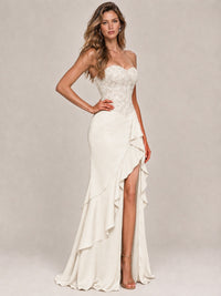 Strapless Lace Appliques Corset Satin Prom Dress Ruffle Slit Evening Gown