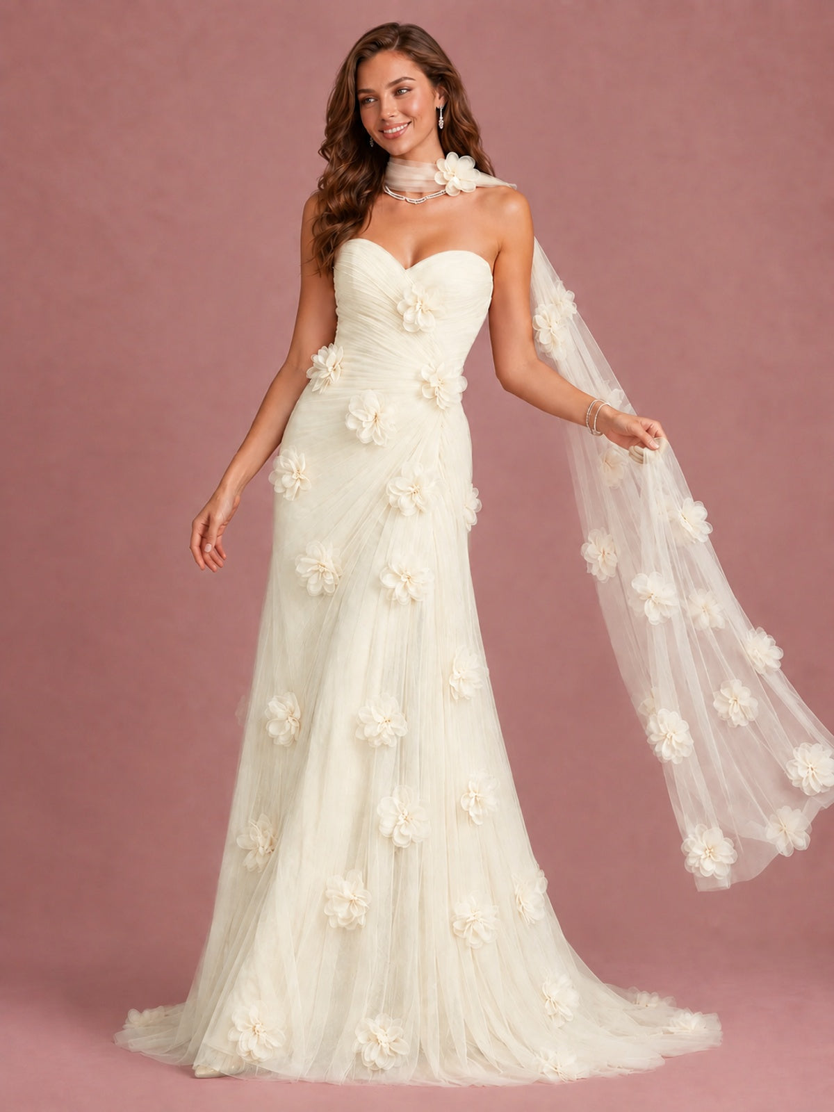 Blush Pink Strapless Sweetheart 3D Floral Tulle Mermaid Prom Dress