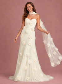 Blush Pink Strapless Sweetheart 3D Floral Tulle Mermaid Prom Dress