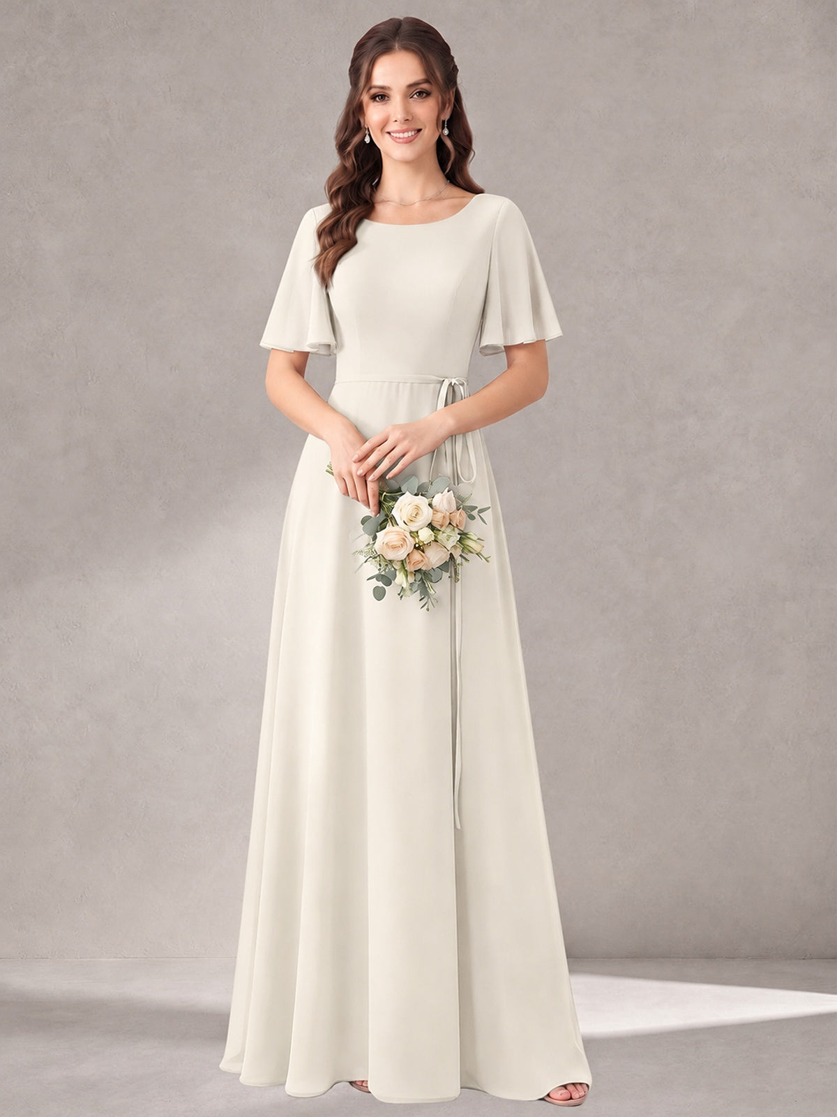 Scoop Neck A-line Chiffon Bridesmaid Dress with Flutter Sleeve & Belt