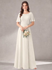 Scoop Neck A-line Chiffon Bridesmaid Dress with Flutter Sleeve & Belt