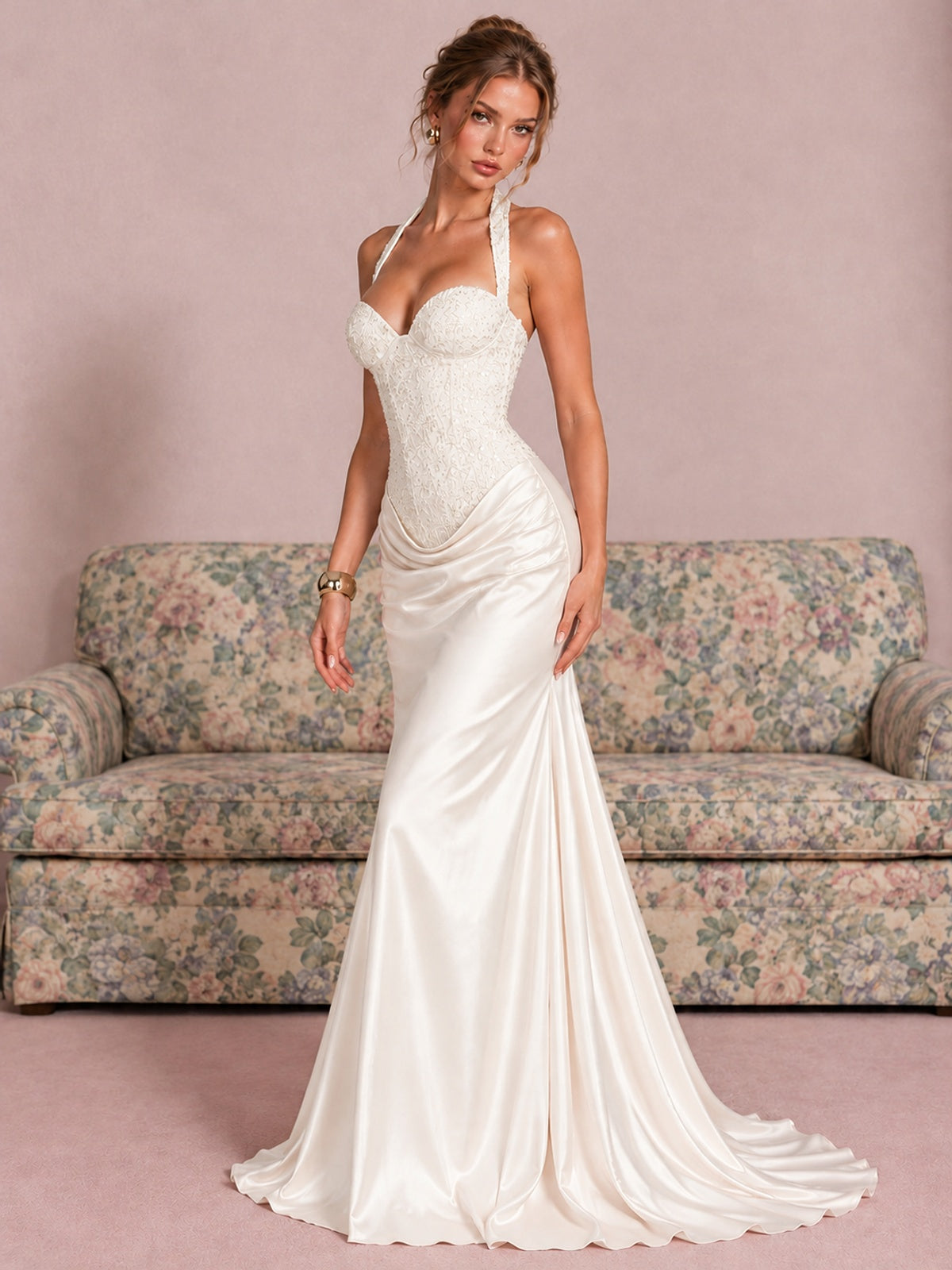 Sparkling Halter Corset Satin Mermaid Prom Dress