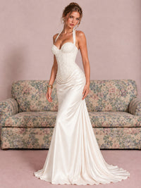 Sparkling Halter Corset Satin Mermaid Prom Dress