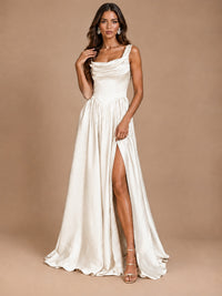 Cowl Neck Pleated Satin Prom Dress with Pockets & Slit Maxi Formal Gowns