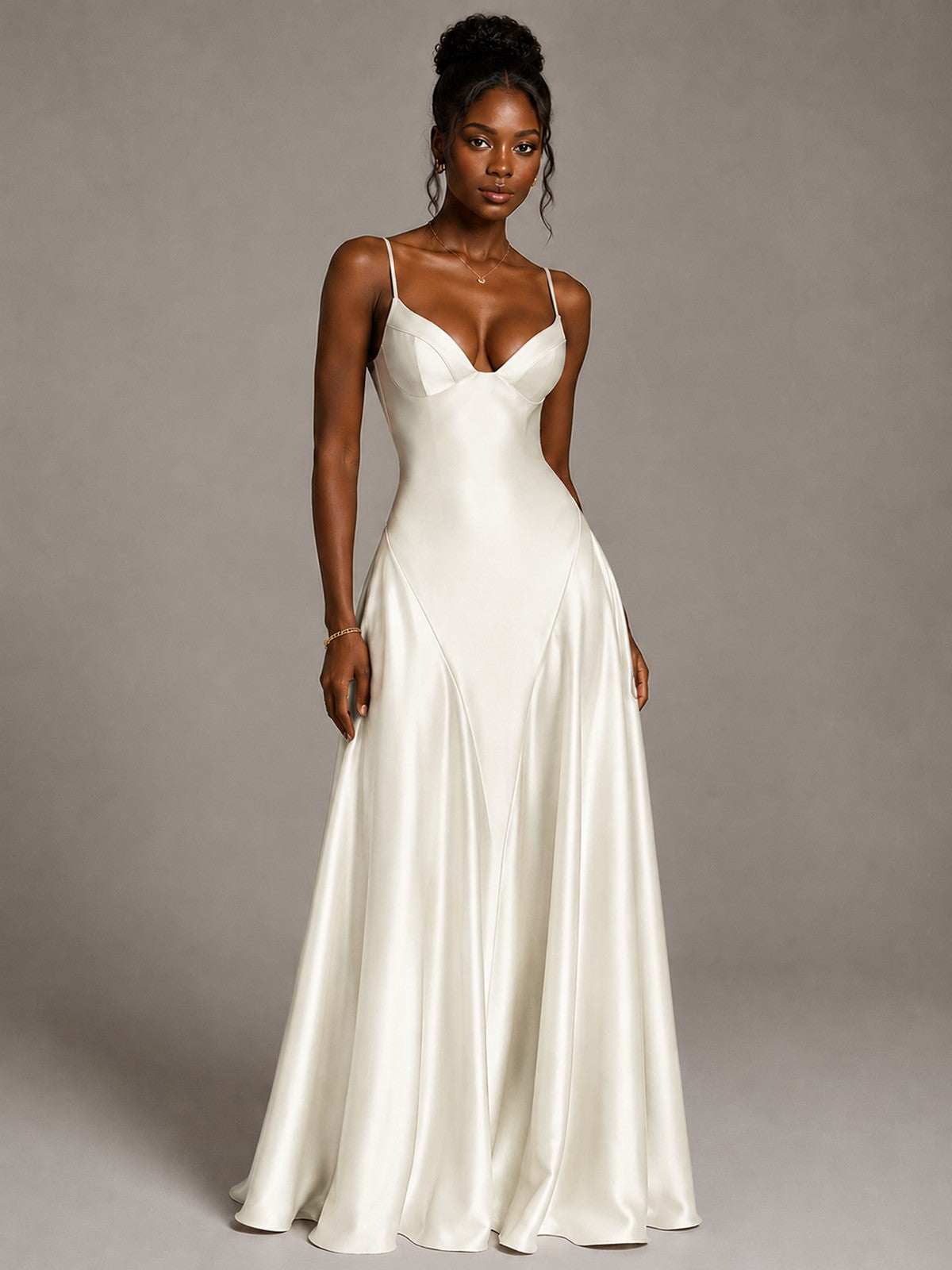 Lavender V Neck Satin Prom Dress with Spaghetti Straps
