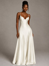 Lavender V Neck Satin Prom Dress with Spaghetti Straps