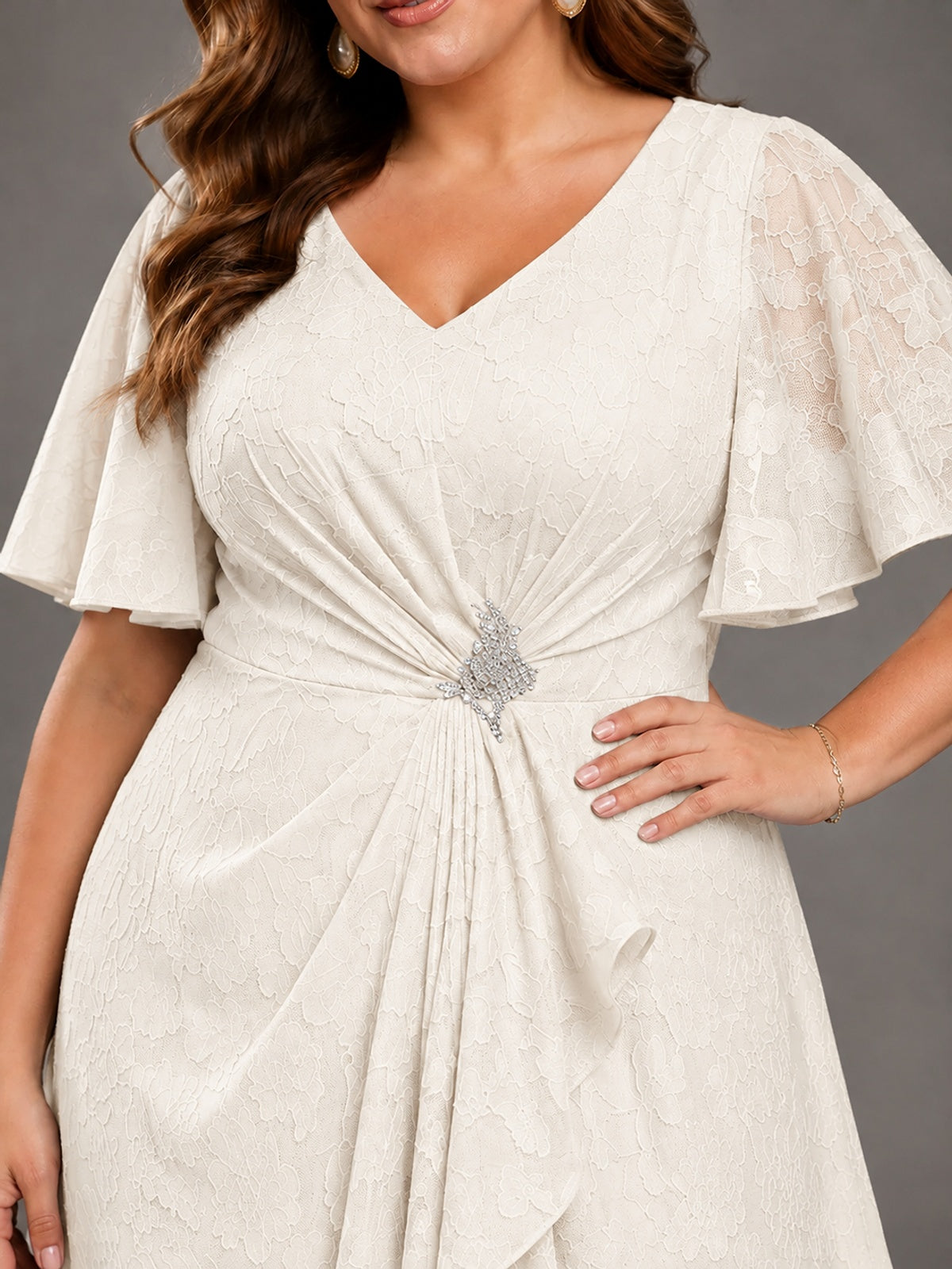 Jacquard Chiffon A-Line V-Neck High-Low Mother of the Bride Dress