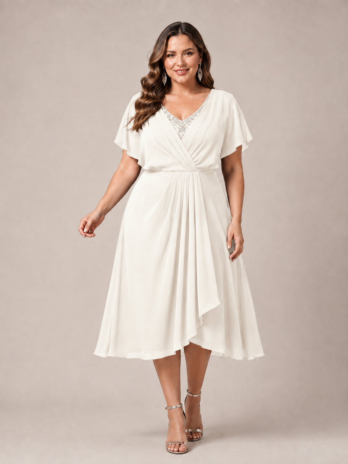 Navy Blue A-Line V-Neck Tea-Length Mother of the Bride Dress