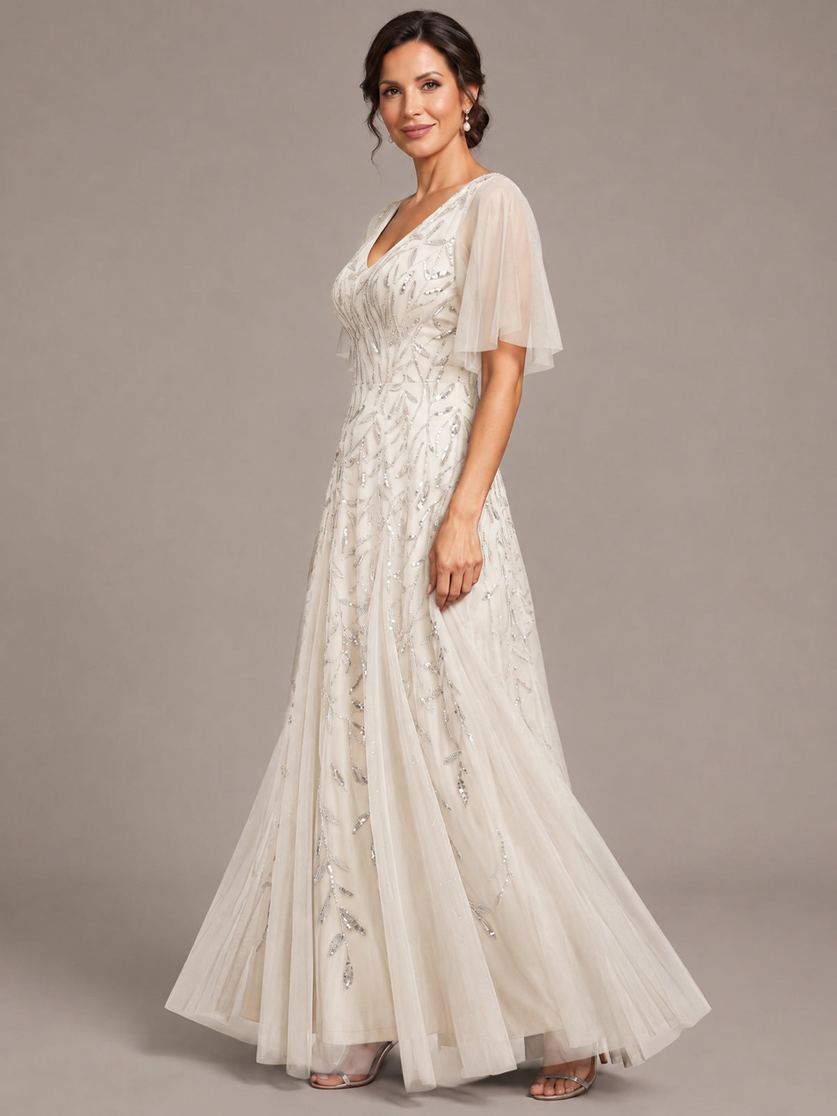V-Neck Sequin Tulle Mother of the Bride Dress with Flutter Sleeve