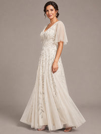 V-Neck Sequin Tulle Mother of the Bride Dress with Flutter Sleeve