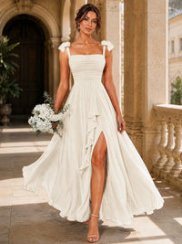 Ruffle Slit Chiffon A Line Scoop Neck Bridesmaid Dresses with Pockets