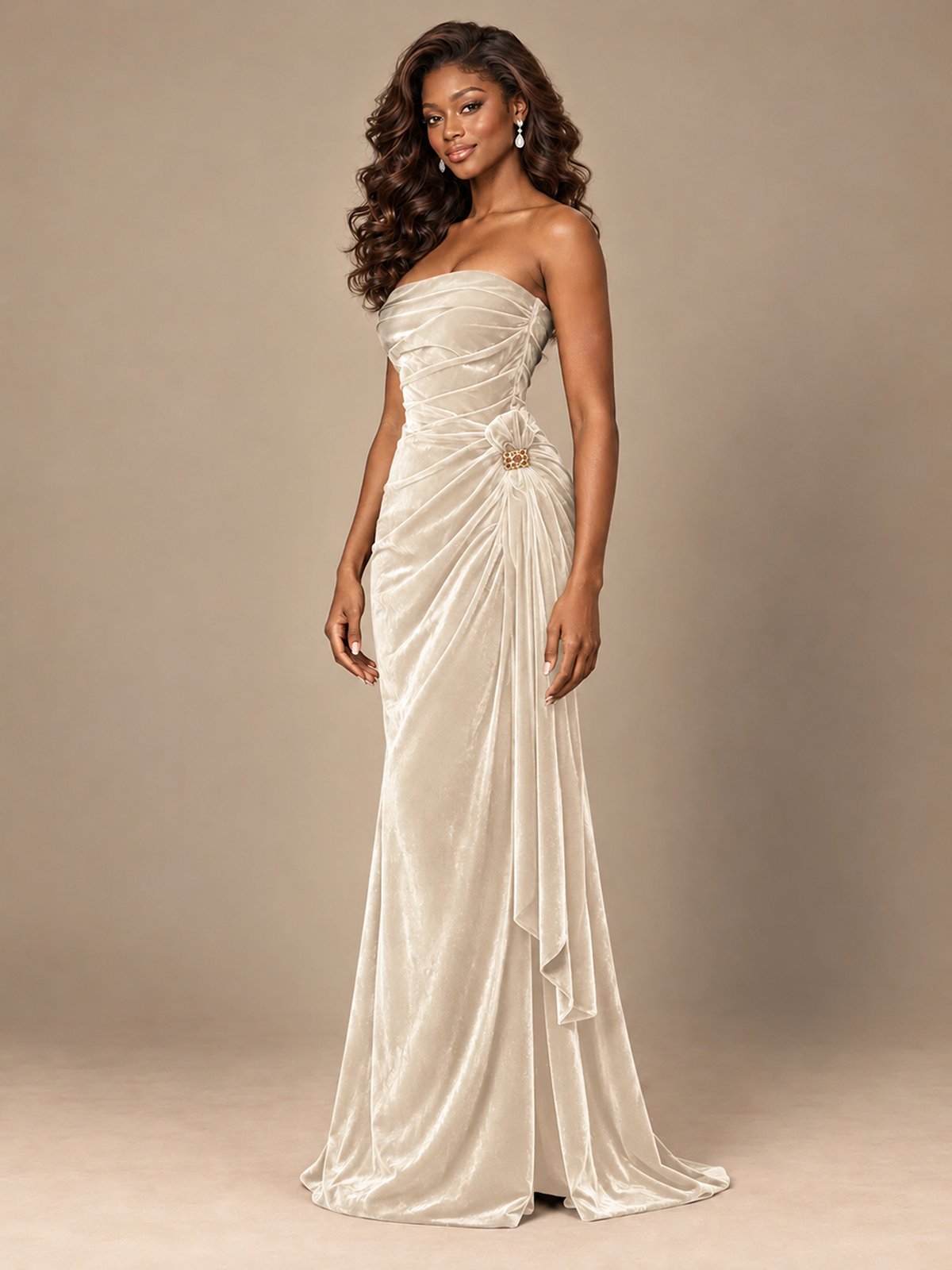 Burgundy Velvet Strapless Ruched Prom Dress with Jeweled Side Drape