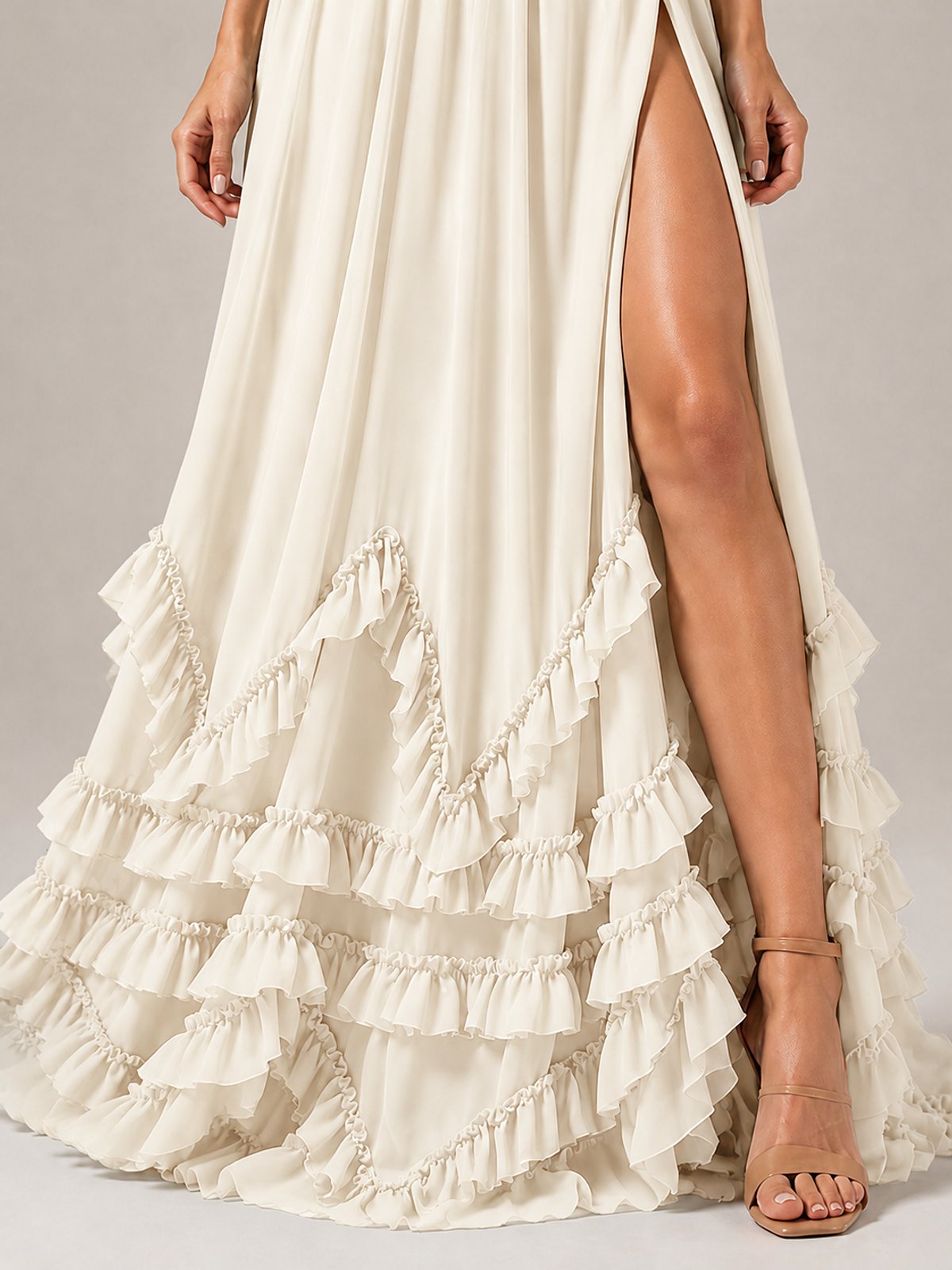Halter V Neck Chiffon Formal Dress with Lace-Up Back and Ruffle Hem