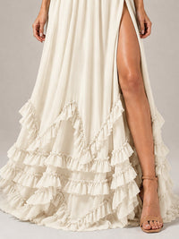 Halter V Neck Chiffon Formal Dress with Lace-Up Back and Ruffle Hem