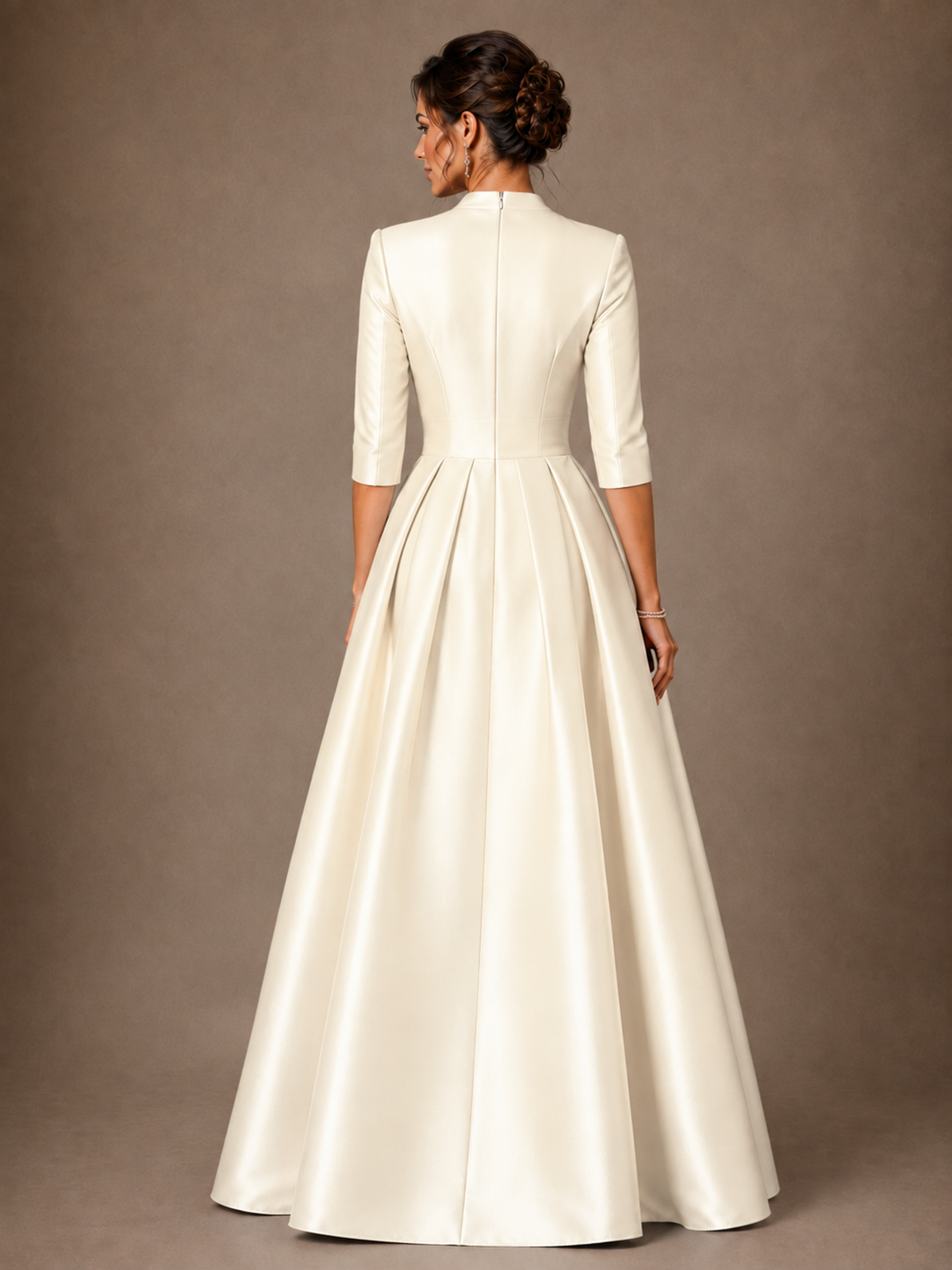 V-Neck Pleated Satin Mother of the Bride Gown with 3/4 Sleeves