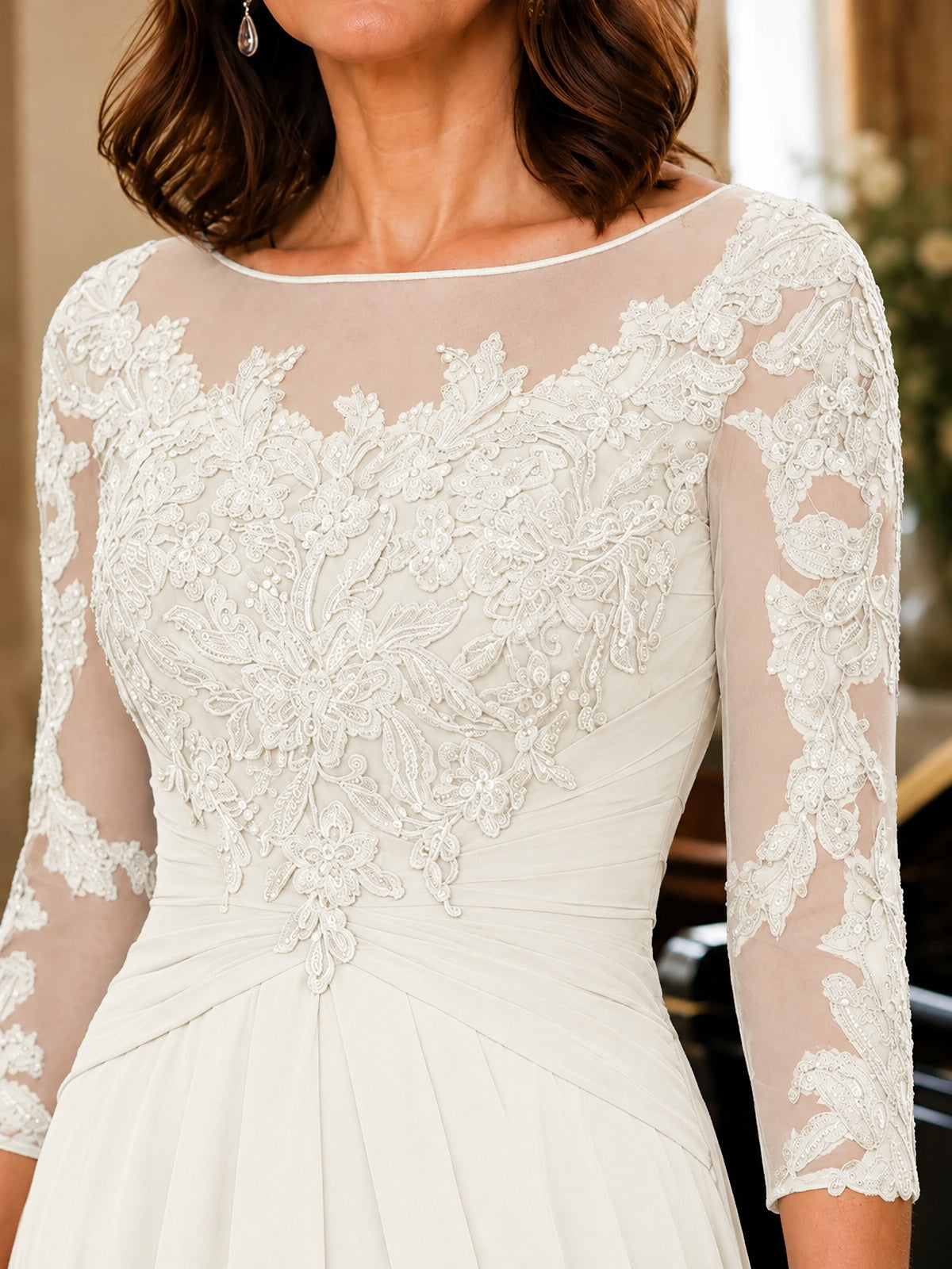 A-Line Chiffon Mother of the Bride Dress with Floral Applique 3/4 Sleeves