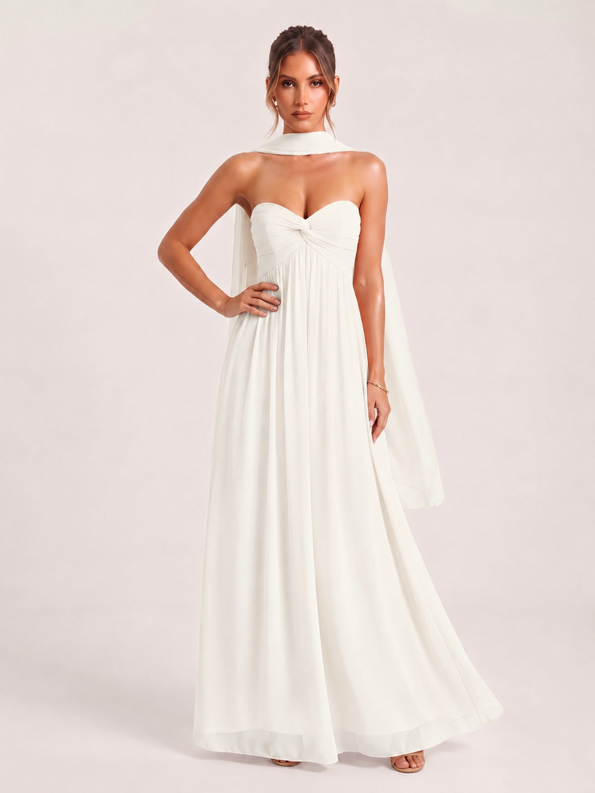 Strapless Ruched Chiffon Long Prom Dress with Scarf