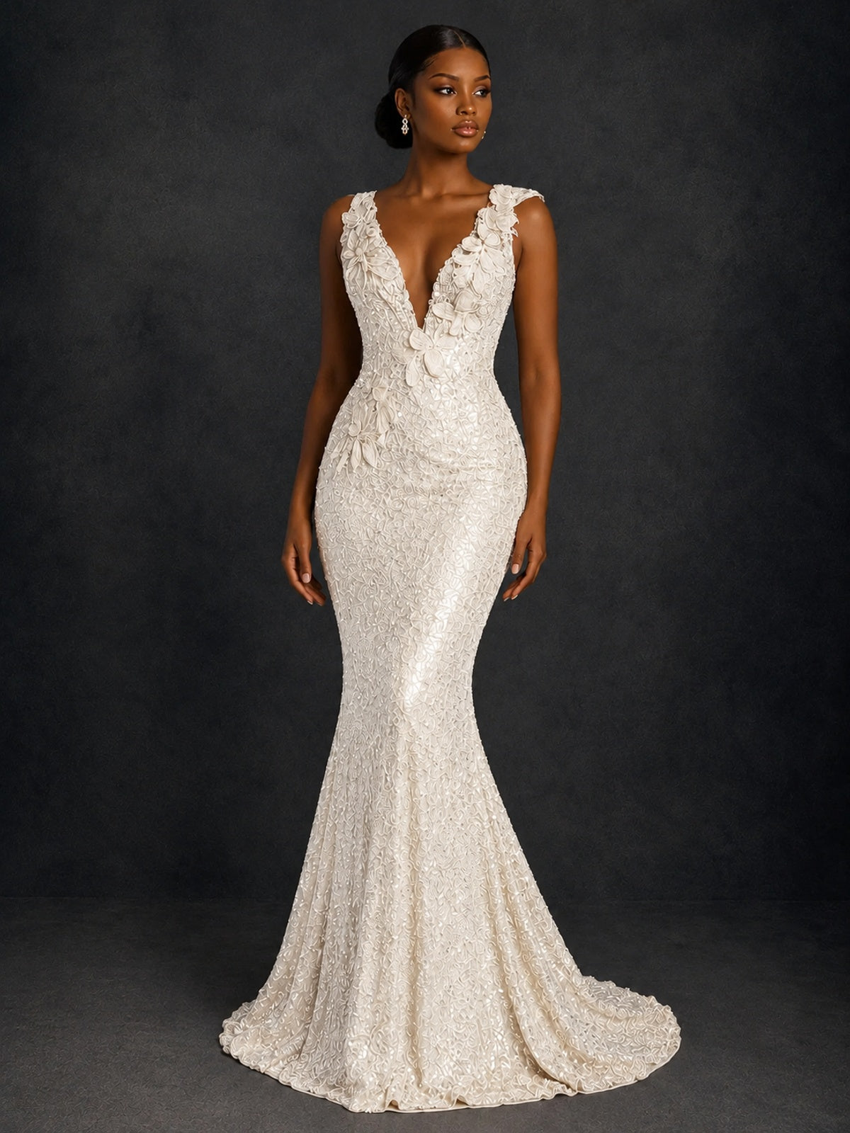 Gold Sequin Floral Applique Mermaid Prom Dress