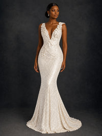 Gold Sequin Floral Applique Mermaid Prom Dress