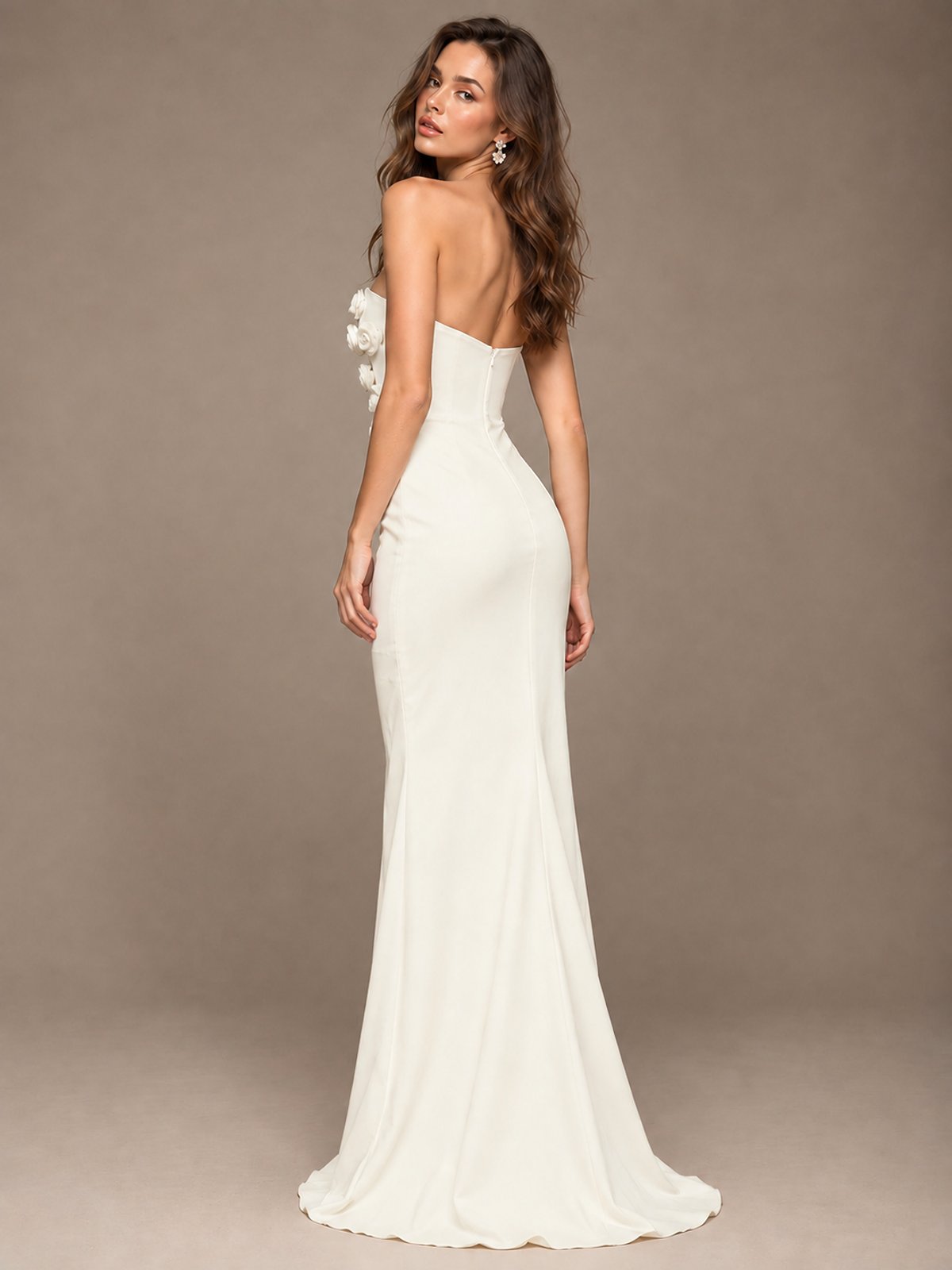 White Strapless Mermaid Maxi Dress with 3D Floral Appliques