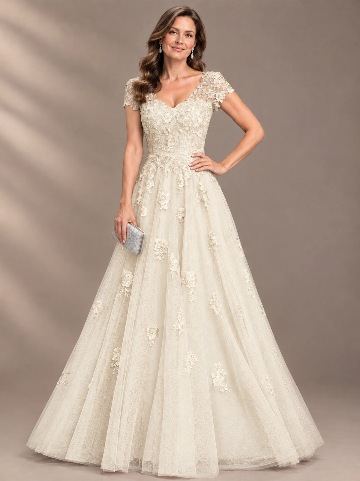 Lace Appliques A-line Mother of The Bride Dresses with Short Sleeves