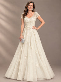 Lace Appliques A-line Mother of The Bride Dresses with Short Sleeves