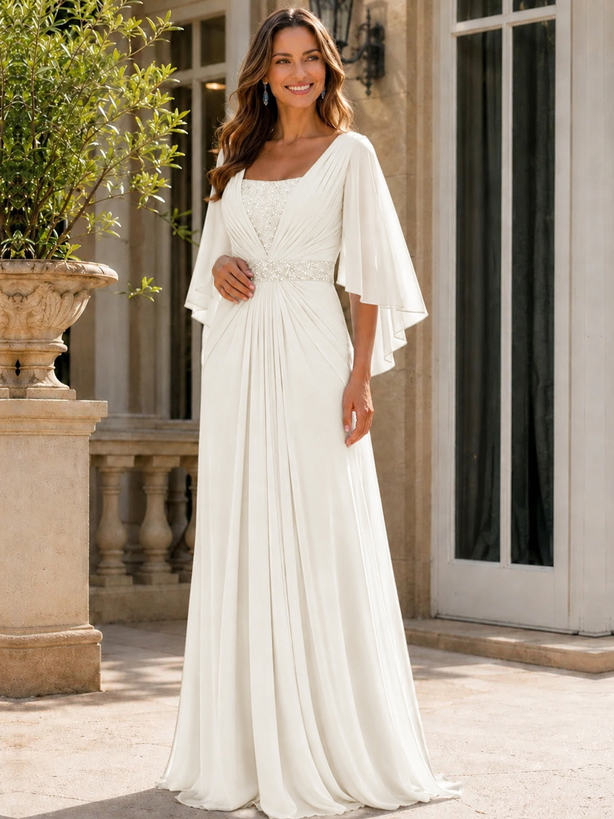 Elegant V-Neck Sequined Chiffon Mother of the Bride Dress with Flutter Sleeves