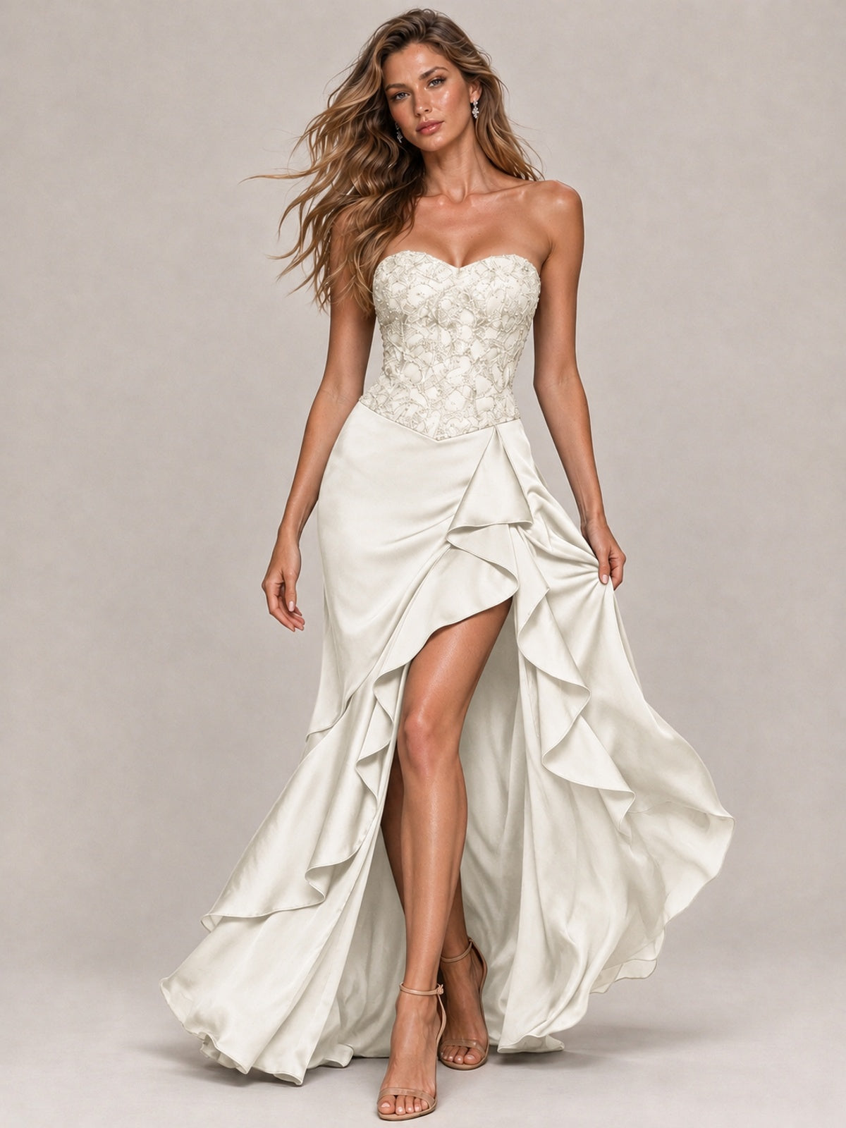 Strapless Lace Appliques Corset Satin Prom Dress Ruffle Slit Evening Gown