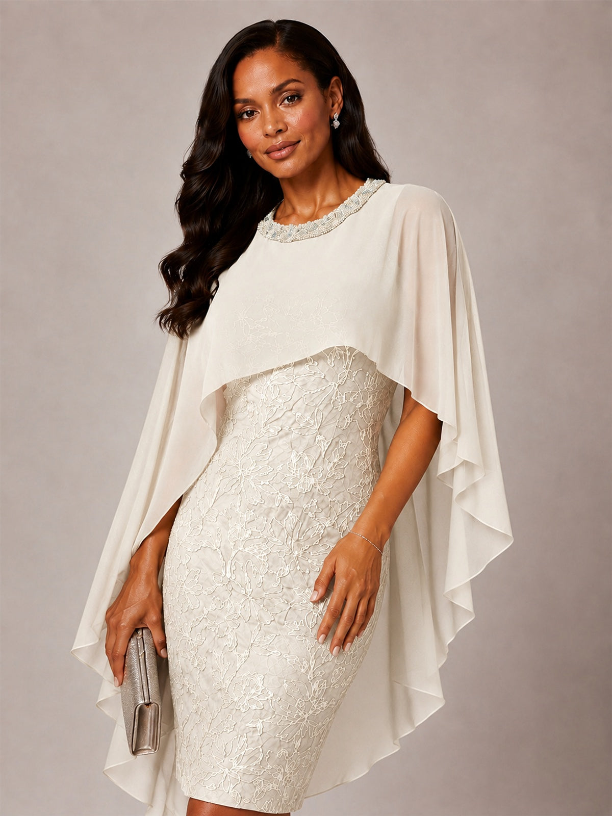 Floral Sheath Mother of the Bride Dress with Cape Overlay
