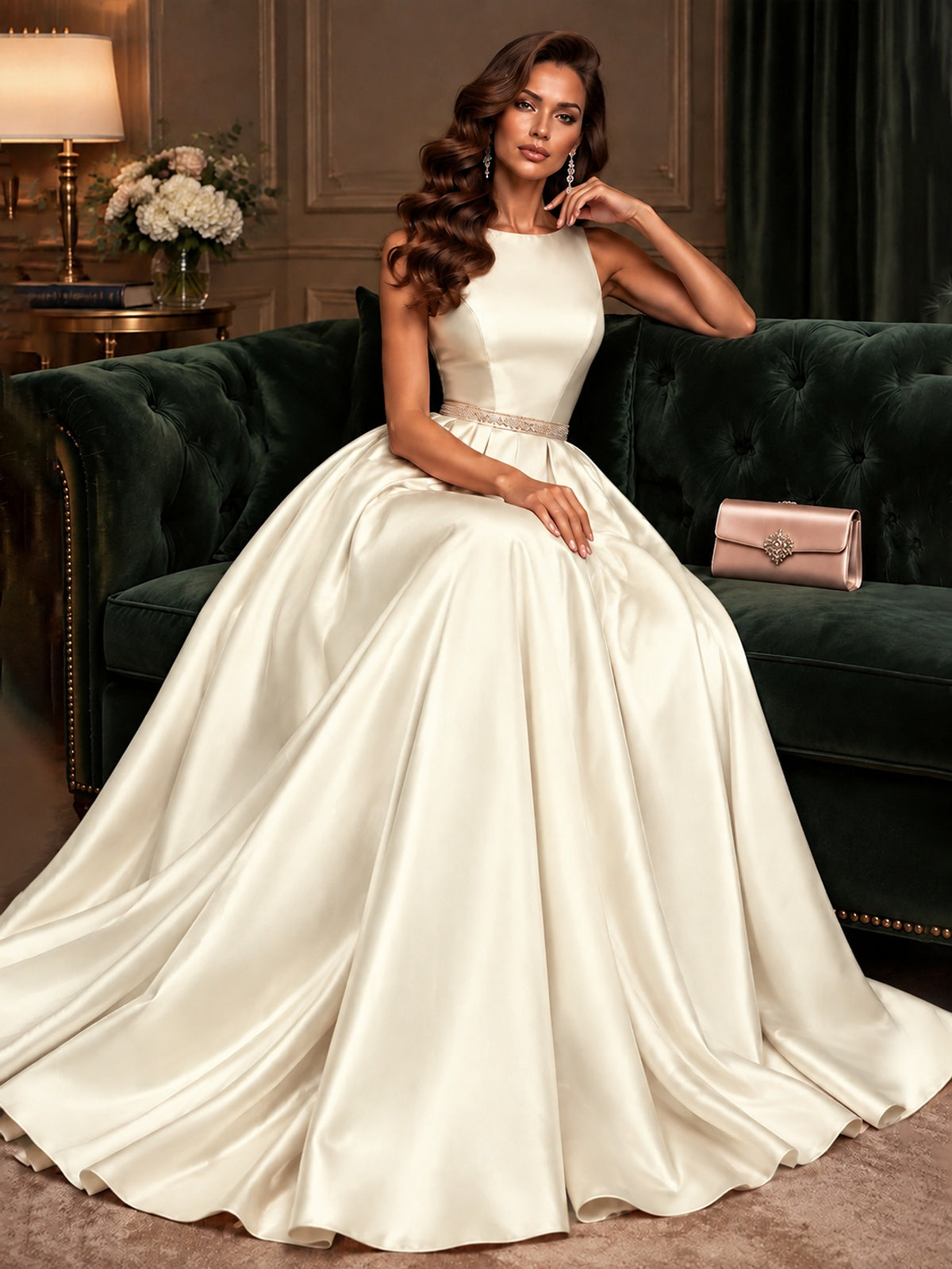 Satin A-Line Prom Dress Sleeveless Beaded Waist Formal Gown with Pockets
