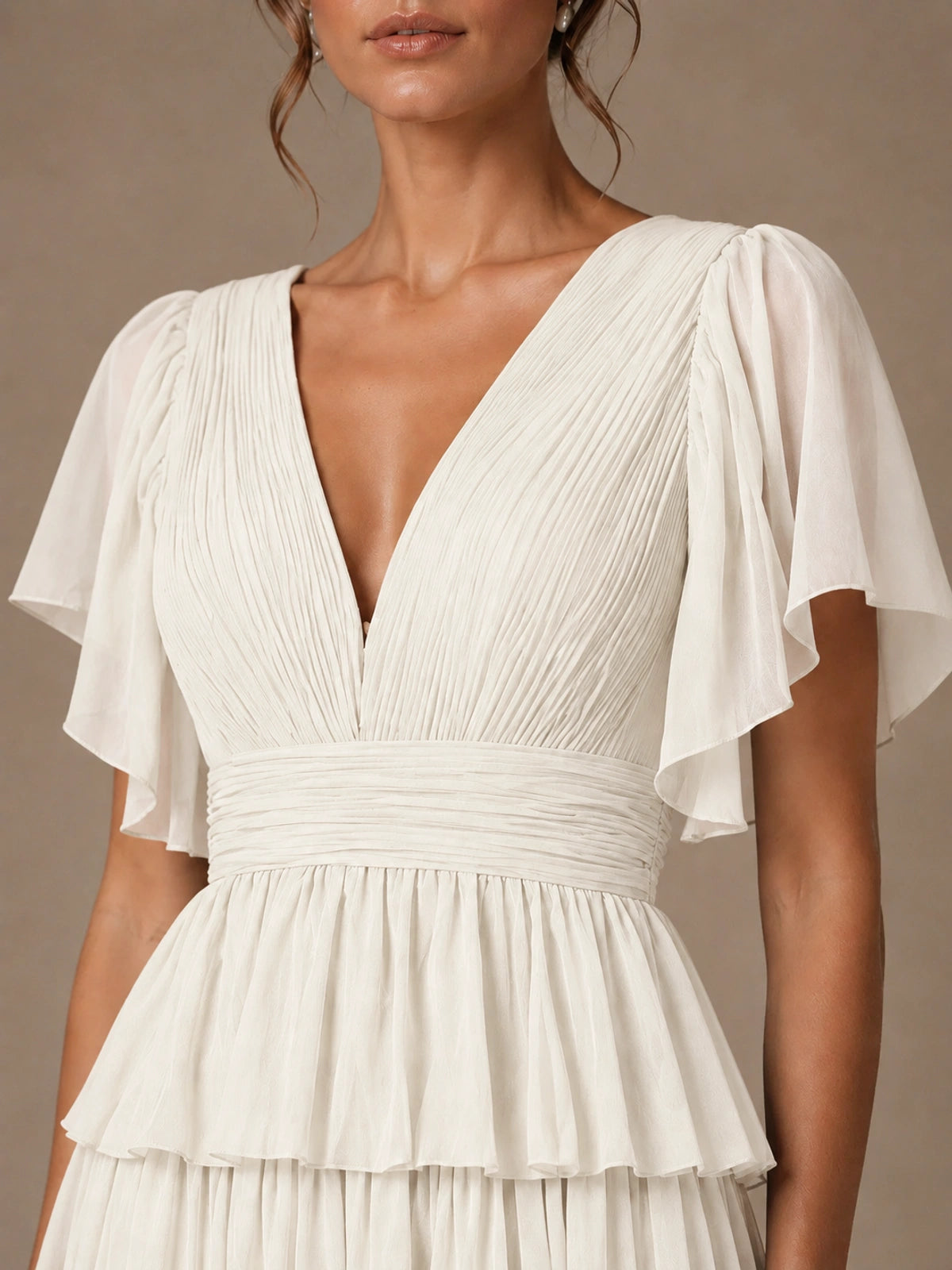 Chiffon V-Neck Tiered Ruffle Bridesmaid Dress with Slit