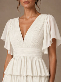 Chiffon V-Neck Tiered Ruffle Bridesmaid Dress with Slit