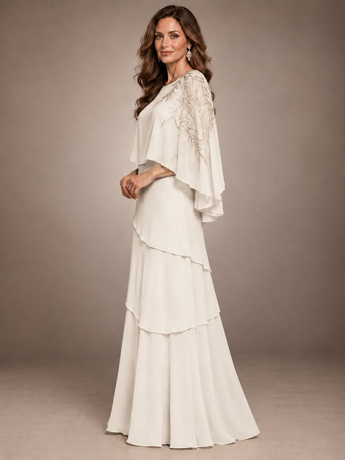 Elegant Chiffon Cape Sleeve Beaded Mother of the Bride Dress