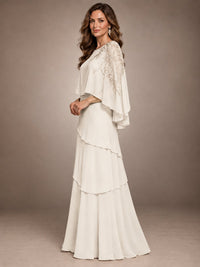 Elegant Chiffon Cape Sleeve Beaded Mother of the Bride Dress
