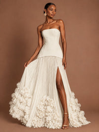 Strapless Pleated Floral Satin Formal Dress with Side Slit