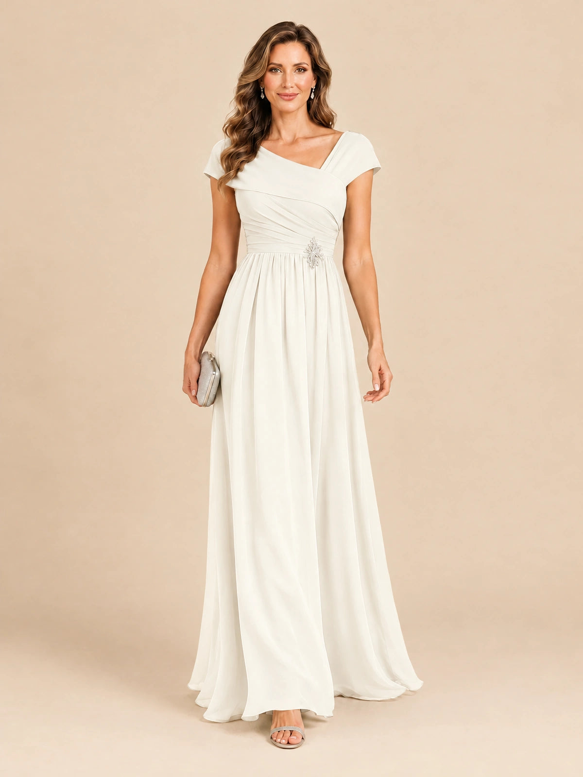 Cap Sleeve Mother of The Bride Dresses Long Chiffon Formal Gowns