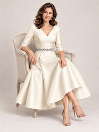 V-Neck Tea-Length Mother of the Bride Dress with Embellished Waist