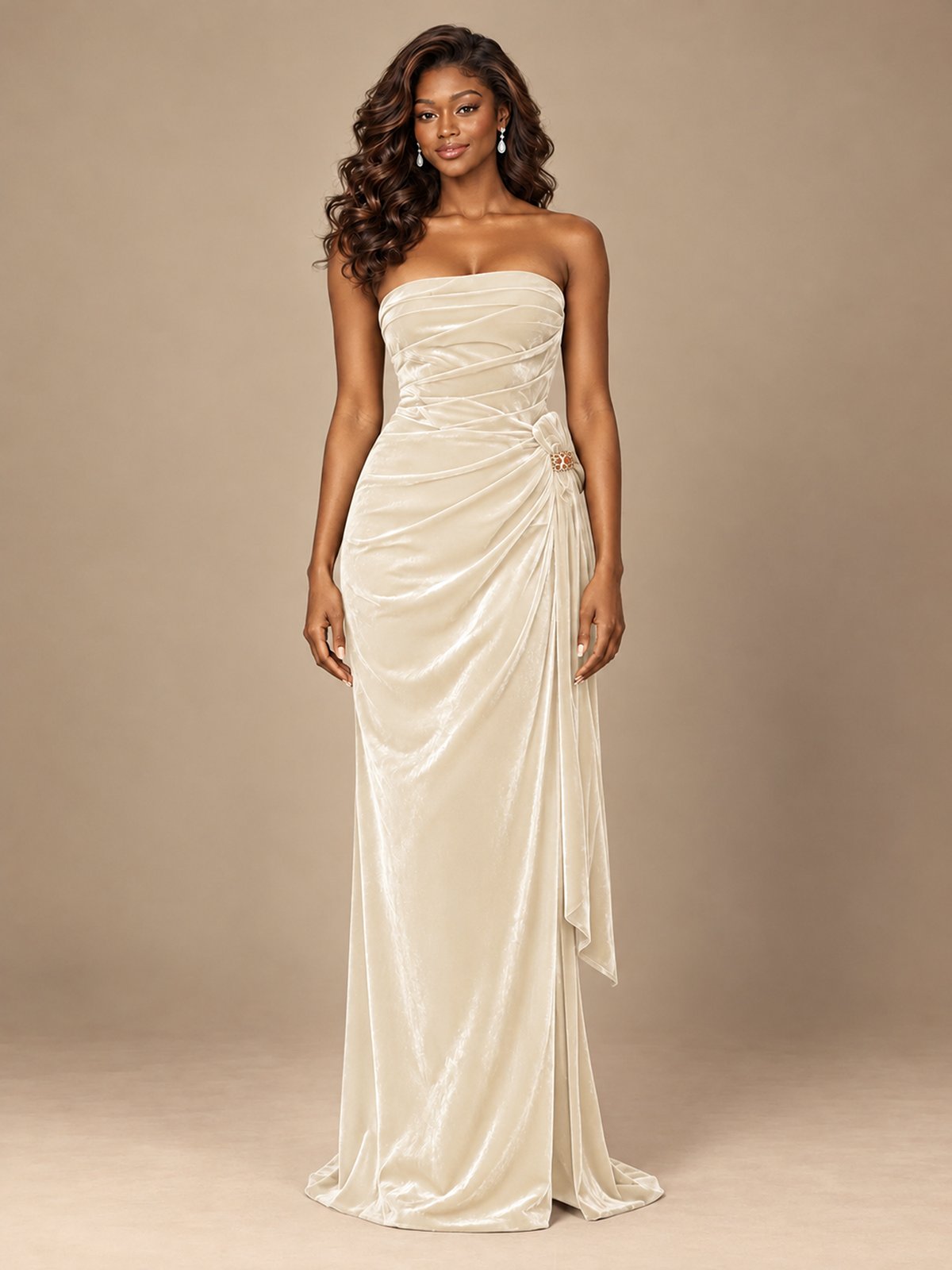 Burgundy Velvet Strapless Ruched Prom Dress with Jeweled Side Drape