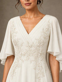 V-Neck Chiffon Lace Mother of the Bride Dress with Flutter Sleeves