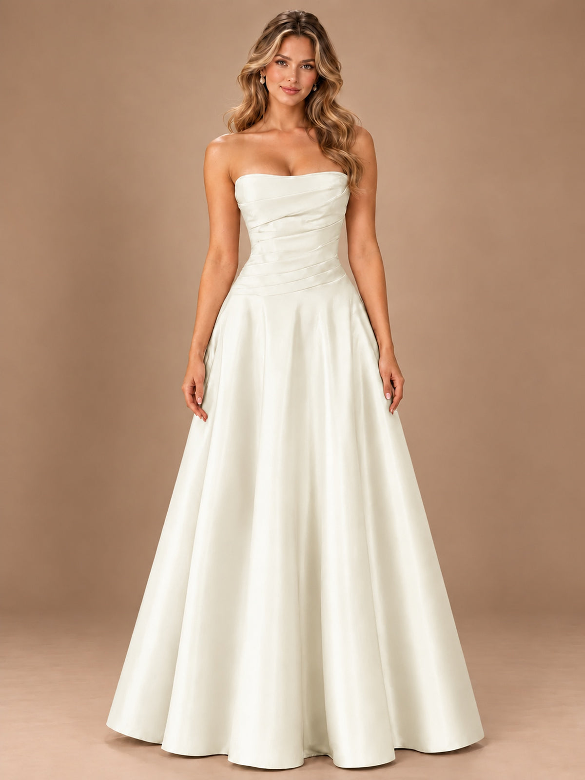 Blush Pink Strapless Satin A-Line Prom Dress with Ruched Bodice